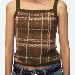 Zara Plaid Knit Tank Top - Green, Brown, Cream - NEVER WORN